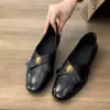 Zapatos de Abuela de Piel de Vaca, Mocasines, Zapatos sin Cordones, Punta Redonda, Boca Baja, Zapatos Bajos de Cuero Negro, Tacón de Moneda Retro