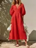 Nuevo Vestido de Lino Estilo Europeo y Americano Transfronterizo para Mujer, Cuello en V, Mangas Abullonadas, Ceñido a la Cintura, Adelgazante, Estilo Vacacional, Largo Medio Línea A