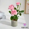 Atacado Bonsai de Rosa de Três Cabeças Flores Artificiais para Sala de Estar e Sala de Jantar, Flores Artificiais Falsas para Mesa de Escritório, Decorações de Plantas em Vasos