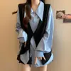 Novo Estilo para Outono e Primavera para Mulheres Plus Size: Conjunto de Colete e Camisa em Camadas com Design Assimétrico, Estiloso e Rejuvenescedor, Cobre a Barriga e Faz Você Parecer Mais Magra
