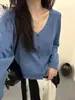 2025 Principios de Otoño Nueva Moda Cuello en V Un Botón Manga Larga Lino Corto Cardigan Tejido Superior Chaqueta Delgada Otoño