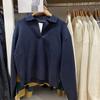 Suéter Casual Feminino Japonês de Algodão Liso com Gola Polo Listrado Tricot V-Neck Colorblock Suéter Top 476973