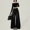 Calça Jeans Larga de Barra Crua Preta e Cinza Americana para Mulheres no Outono e Inverno Cintura Alta Solta para Corpo Pera Calça Flare Comprimento Total