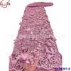 Tela de encaje teñida para vestido de noche, vestido de novia, bordado con apliques tridimensionales a gran escala a máquina, con cuentas de malla