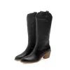 Botas altas versátiles de otoño e invierno para mujer, color liso, punta cuadrada, tacón cuadrado bordado, botas de talla grande para mujer, botas vaqueras sin cordones para mujer