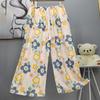 Pantalones de pijama de algodón y seda para mujer, estilo fino de verano, talla grande, pantalones de pierna ancha de cintura alta, adecuados para usar en exteriores, pantalones de playa de seda de algodón artificial, pantalones para casa