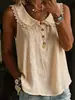 Roupas Femininas Transfronteiriças Europeias e Americanas Amazon Verão Solta Cor Sólida Design Moderno Gola Lapela Renda Botão Sem Mangas Camisa
