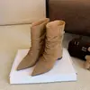 Botas curtas de bico fino de grande porte para comércio exterior transfronteiriço, couro camurça, botas slip-on com salto bloco de altura aumentada, botas Martin versáteis de couro genuíno para outono e inverno