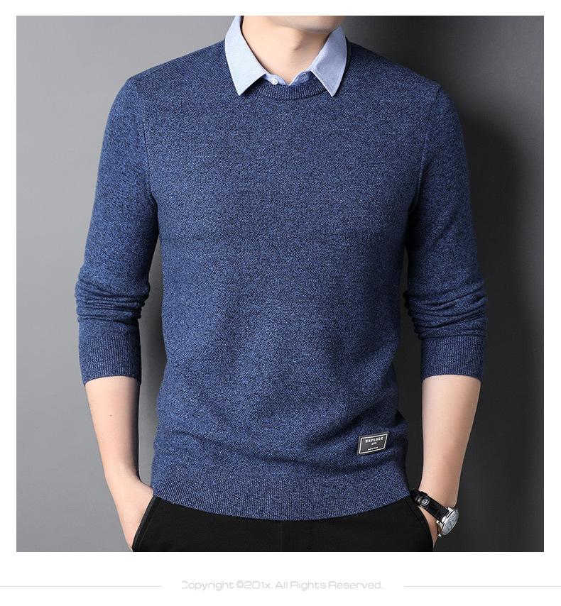 恒源祥衬衫领假两件毛衣男春秋含羊毛打底衫商务休闲纯色针织衫男