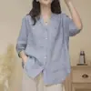 Top Holgado Oversize, Estilo Minimalista de Verano, Camisa de Sarga de Ramio de Color Sólido con Cuello en V, Blusa de Moda para Mujer con Mangas de Tres Cuartos