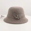 Chapéu bucket floral 100% lã coreano para mulheres, cor sólida vintage, moderno, elegante, de alta qualidade, adequado para mães, outono e inverno