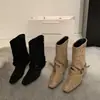 Botas Curtas Khaki de Camurça Vintage Chuyuji para Mulheres, Botas de Estilo Francês, Design de Nicho Outono e Inverno Botas Western Arredondadas