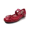 Zapatos Mary Jane Muy Transpirables de Malla Hueca con Lazo 2026 Primavera Planos de Punta Redonda de Cuero Genuino de Correa Única para Mujer
