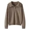Suéter feminino de cashmere com gola alta e zíper parcial, gola semiaberta, manga longa, pullover, versátil, modelagem solta, tricotado, estilo casual