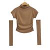 Camiseta de manga corta con cuello alto y media manga para mujer, estilo europeo y americano, con cintura alta y curvas adelgazantes
