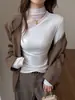 Camiseta básica de manga larga para mujer con retazos de malla y cuello semi-alto, estilo fino para principios de otoño, adelgazante, pura y seductora, se puede usar como capa exterior, top tipo camiseta