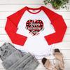 Europa e Estados Unidos transfronteiriço Raglan manga longa feminina xadrez vermelho amor estampa inglesa duas cores gola redonda manga longa uma geração de cabelo