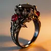 Anillo Huajie Nuevo Oro Negro Rosa Color Rubí Anillo Retro Flor Hoja Estilo Oscuro Diseño de Nicho Sentido Joyería