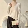 Toma real: Top de punto casual versátil de cuello en V estilo coreano, corte ajustado, para mujer, adecuado tanto para usar solo como debajo de otra prenda, top básico holgado y simple