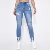 Jeans Feminino Transfronteiriço Europeu e Americano da Amazon, Modelagem Skinny, Rasgado, Sexy, Cintura Alta, Calça Jeans Stretch em Estoque