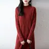 Vestido de punto 100% lana pura para mujer, nuevo suéter de otoño e invierno de longitud media con cuello semi-alto, falda gruesa hasta la rodilla