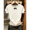 Camiseta de Punto Blanca Estilo Francés con Lazo y Mangas Cortas para Mujer, Nuevo Estilo Verano 2026, Top Elegante y Adelgazante para Figuras Pequeñas
