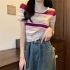 Top de Camiseta de Punto de Seda Helada de Manga Corta para Mujer Verano Nuevo Rayas Chic Ajustado Corto Cuello en U Diseño con Sentido Nicho