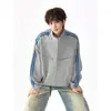 Moletom Cardigan Esportivo Color Block com Listras Americanas Masculino Outono Novo Solto Estilo College Marca Tendência Jaqueta com Gola Alta