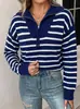 Suéter a rayas de cuello alto con media cremallera transfronterizo europeo y americano para mujer, nuevo top de punto holgado para otoño e invierno, jersey de manga larga