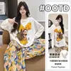 Pijama de Manga Larga para Mujer con Almohadillas en el Pecho para Primavera y Otoño, Seda de Leche Holgado Estilo Coreano Dulce de Dibujos Animados Ropa de Casa