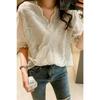 Top Holgado Talla Grande 1688 con Encaje Calado de Ganchillo Estilo Coreano Sexy Cuello en V Talla Grande Camiseta de Manga Corta Versátil