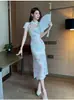 Nuevo Vestido Cheongsam de Malla Estilo Chino para Mujer, Estampado Floral de Verano, Cuello Alto, Escote Hueco, Corte Ajustado, Talla Petite, Abertura, Vestido Bodycon
