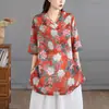 Camisa Casual Retro Estampada de Lino Nueva de Verano 2026 Vestido Camisa Artístico de Longitud Media Holgado con Cuello en V
