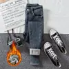 Calça jeans feminina com forro de fleece cintura alta stretch nova espessada quente justa modeladora justa versátil calça lápis
