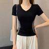 Camiseta de Manga Corta con Cuello en V y Bloques de Color Dulce y Picante Estilo Americano para Mujer, Nuevo Modelo Verano 2026, Top de Alta Gama Ajustado a la Cintura