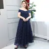 Vestido de Talla Grande Hombros Descubiertos en Azul Oscuro 100kg para Anfitriona de Reunión Anual, Banquete, Efecto Adelgazante, Examen de Desempeño Vocal