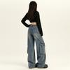 Estilo Retro Americano Protección Ambiental Azul Electrolítico Ropa de Trabajo Jeans para Mujer Cintura Alta Adelgazantes Pierna Ancha Pantalones para Otoño 2024 Nuevo
