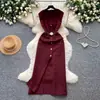 Vestido Simple Elegante y Sofisticado de Cuello en V Abotonado para Mujer, Vestido Rojo de Verano con Cintura Ceñida Elegante de Longitud Media Línea A para el Trabajo