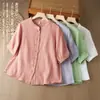 Camisa de Manga Corta de Hilo de Algodón Doble Capa para Mujer Verano 2026 Manga de Linterna Nueva Holgada 100% Algodón Suave Manga de Cinco Puntos
