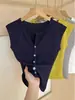 Camiseta Redonda Elegante de Manga Curta com Botões Únicos para Mulheres, Top de Tricô Verão Slim Fit que Marca a Cintura