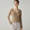 Suéter 100% caxemira pura para mulheres, gola V, pulôver outono/inverno, suéter de malha, macio e confortável, corte slim, valoriza a silhueta e adequado como camada base