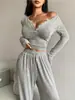 Amazon Comercio Transfronterizo Europa y América Comercio Exterior Nuevo Estilo Traje de Mujer Cuello en V Profundo Casual Manga Larga Top Corto Pantalones Largos Sueltos Traje