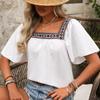 Comércio exterior transfronteiriço Europa e América Férias de verão Renda Bordada Gola Quadrada Camisa Pulôver Folha de Lótus Manga Curta Camisa Sem Costas Roupas Femininas