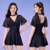 Traje de baño de Malla Coreano para Mujer, Una Pieza de Cintura Alta Negro Adelgazante Vestido de Baño, Oculta el Vientre, Adelgazante, Traje de Baño Conservador para Aguas Termales