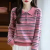 Nova coleção Outono/Inverno 2025: suéter de tricô feminino elegante, de caimento solto, com gola de lapela, top versátil de lã de manga longa