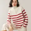 Suéter de Tricô Listrado Coreano Outono e Inverno Novo Estilo Estilo Preguiçoso Solto Retrô Malha Fina Gola Alta Meio Zíper Suéter de Cashmere