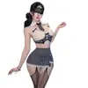 Lencería sexy Dormila con lazo a rayas, minifalda ultra corta, uniforme OL, atuendo seductor de deseo puro qqny