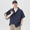 Camisa de trabajo retro americana con cuello mao, estilo old money, holgada y fluida, chaqueta corta de corte limpio de manga corta para hombre, venta al por mayor