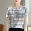 Top de punto de Lyocell a rayas de bloques de color para verano, cuello redondo, manga corta, estilo coreano, top a rayas simple para mujer para usar como capa exterior