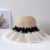 Estilo Hada Tul Diamante Brillante Rafia Fina Sombrero de Pescador para Mujer Verano Ala Ancha Sombrilla Sombrero Cubeta Sombrero de Playa Vacaciones en la Costa
